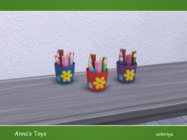 Sims 4 — Anna's Toys. Plush Pencils by soloriya — Plush pencils and erasers in a wooden bucket. Part of Anna's Toys set.