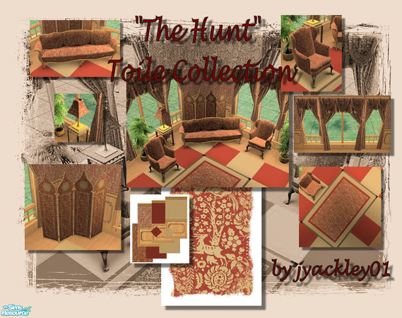 Sims 2 — "The Hunt" Toile Collection by jyackley01 — This collection features a luxurious red fabric with a