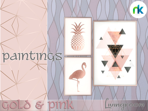 Sims 4 — Nikadema Gold & Pink Paintings by nikadema — Three modern paintings made in rose gold. I have used alt to