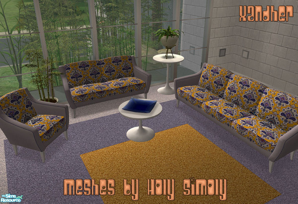 Sims 2 — Ashbury Paisley Lounge - Lavender by Xandher — A set of retro seating in a unique tangerine paisley print with