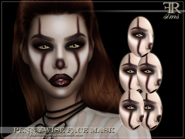 Sims 4 — Pennywise Face Mask (for overlay) by FashionRoyaltySims — Standalone Custom thumbnail 5 color options HQ texture