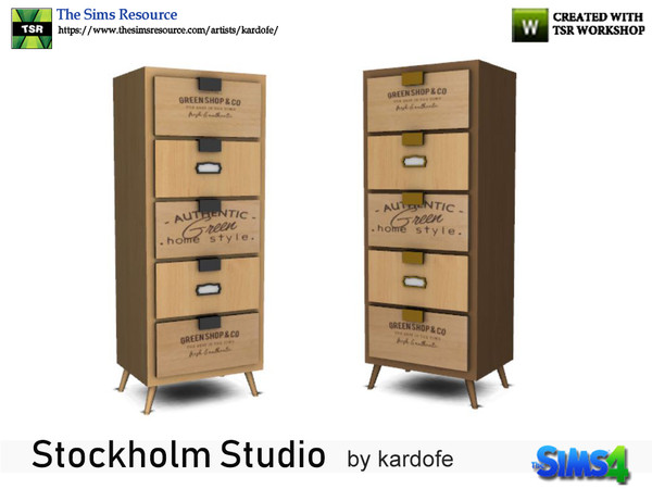 Sims 4 — kardofe_Stockholm Studio_Chest of drawers by kardofe — Wooden chest of drawers with five decorated drawers, in