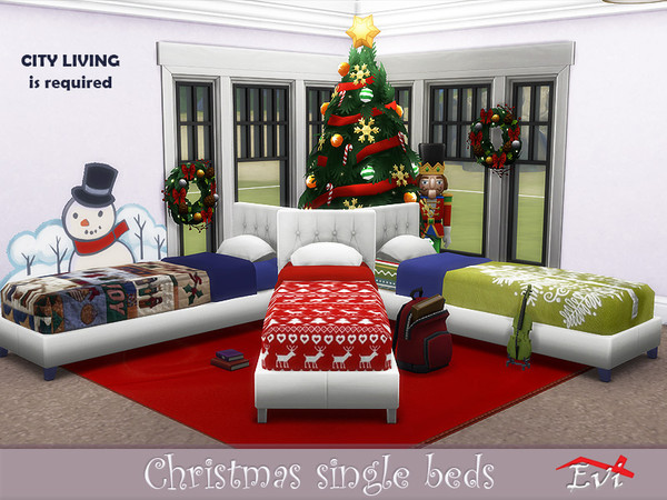 Sims 4 — Christmas single beds by evi — Single bed warm beddings with Christmas decorated blankets 