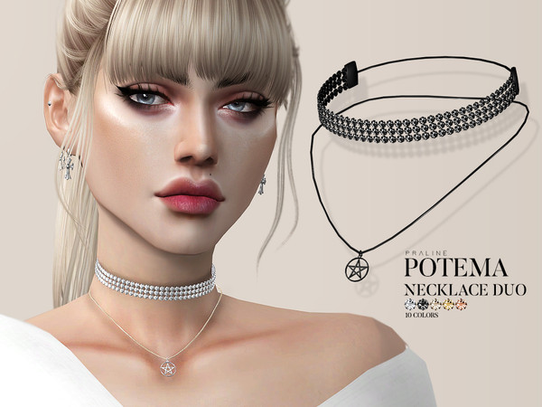 Sims 4 — Potema Necklace Duo by Pralinesims — Pentagram necklace and rhinestone choker combination in 10 colors.