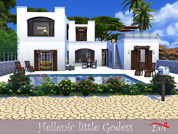 Sims 4 — Hellenic Little Godess by evi — Aegean sea architecture. Two bedrooms and a bathroom on the second floor with a