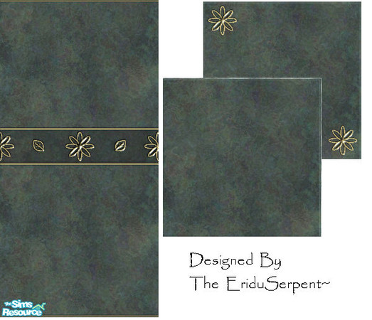 Sims 2 — Slate Deco  Wall & Tile Set by eriduserpent — Steel coloured slate with gold deco boarder. One deco tile and