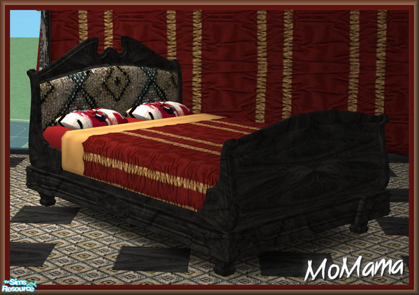 Sims 2 — NK TC70 Saucy BR - Bed by MoMama — A black colonial bed frame with beaded inlay at the head and foot.
