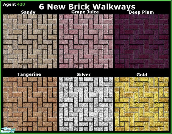 Sims 2 — 6 Brick Walkway Set by Agent420 — A set of 6 types of brick walkway. Sandy, Grape Juice, Deep Plum, Tangerine,