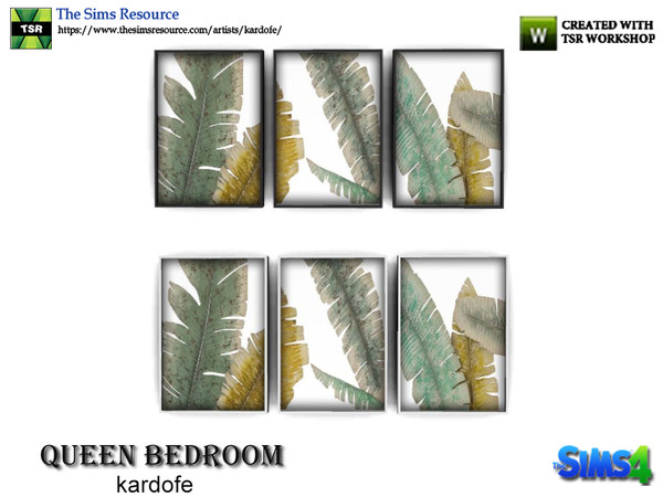 Sims 4 — kardofe_Queen Bedroom _Pictures by kardofe — Three sheets with palm leaves, the frames go in two color options 