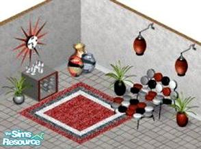 Sims 1 — Retro Set 2 by STP Carly — Includes: Rug, Pottery, Plants(3), Love seat, Hanging Lamp, Coffee Table, Smoke