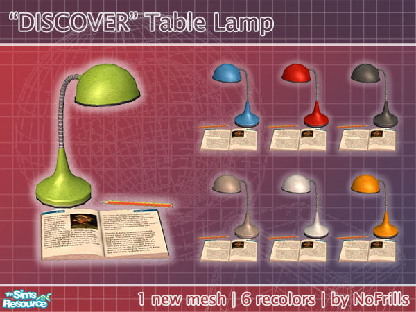 Sims 2 — DISCOVER Table Lamp - Mesh & Recolors by NoFrills — A table lamp and Simlish text book for your teen Sims.