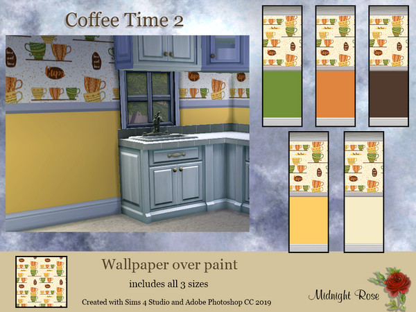 Sims 4 — Coffee Time 2 by MidnightRose — A second set of coffee themed wallpapers over painted walls. Use them in your