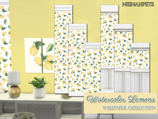 Sims 4 — Watercolor Lemons Wallpaper Collection by neinahpets — Lovely shabby chic country lemons in watercolor accent