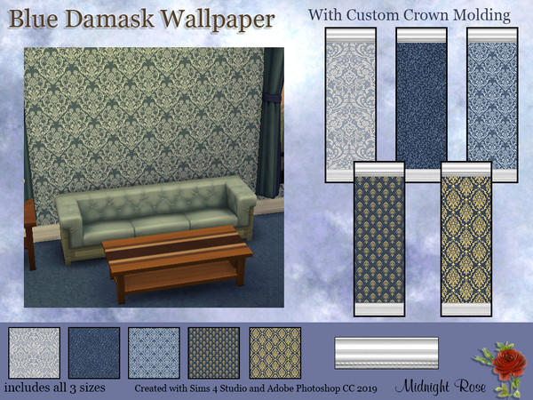 Sims 4 — Blue Damask by MidnightRose — Here is a variety of damask wallpapers in hues of blue