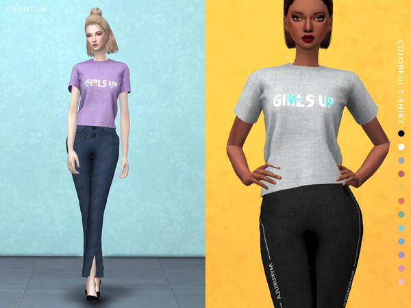 Sims 4 — ChloeM-Colorful T-Shirt by ChloeMMM — **12 colors ** New mesh by me. ** Recolor is allowed but PLEASE DO NOT