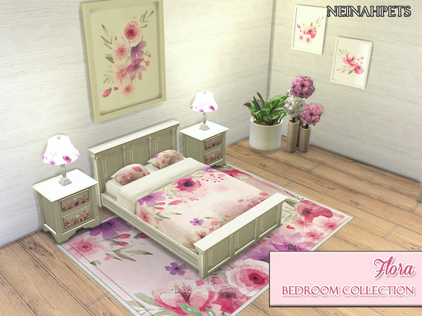 Sims 4 — Flora Bedroom Collection by neinahpets — A watercolor bedroom collection featuring a night stand, bed, lamp,
