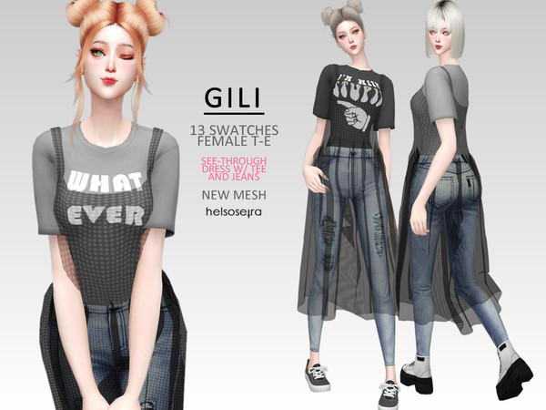Sims 4 — GILI - Dress with Tee and Jeans by Helsoseira — Style : See-through dress over t-shirt and jeans outfit Name :