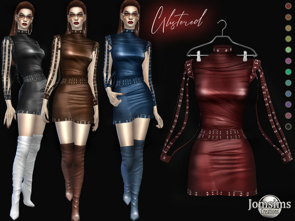 Sims 4 — Glistered dress by jomsims — Glistered dress for her in 12 shades. Leather dress. Strappy sleeves with metal