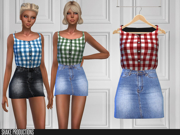 Sims 4 — ShakeProductions 273 - Outfit by ShakeProductions — Shirt With Tartan Pattern &amp; Denim Skirt Full