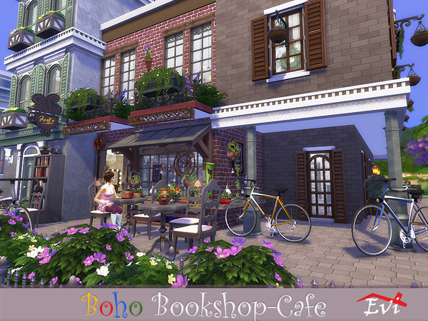 Sims 4 — Boho Bookshop Cafe by evi — Imagine you are in Paris. Artists, writers, movie actors, lovers of literature and