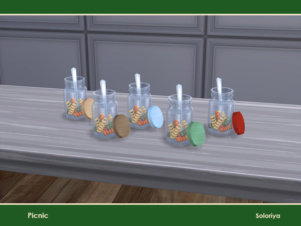 Sims 4 — Picnic. Pasta v1 by soloriya — Pasta in a jar with a spoon. Part of Picnic set. 2 color variations. Category: