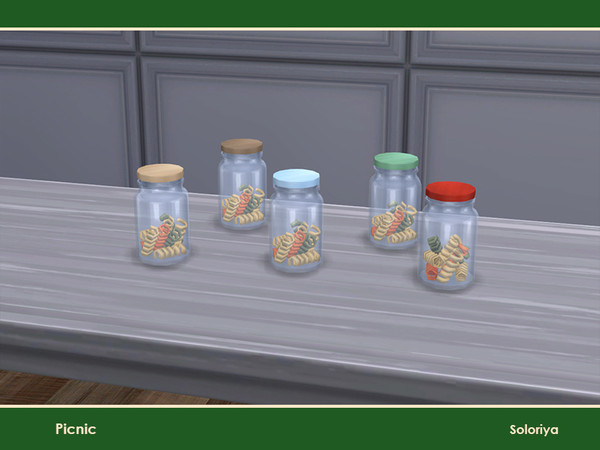 Sims 4 — Picnic. Pasta v2 by soloriya — Pasta in a jar. Part of Picnic set. 5 color variations. Category: Decorative -