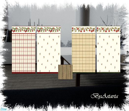Sims 2 — Cherri Kitchen by Astarta — Kitchen wallpaper with cherries in red and green.