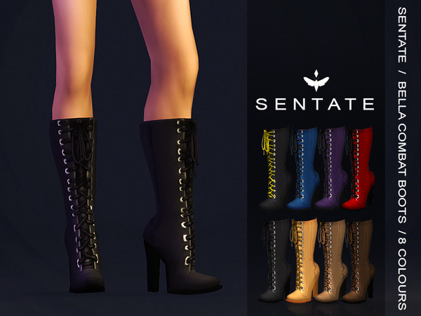 Sims 4 — Bella Combat Boot by Sentate — A edgy pair of high heeled lace up boots that come up just below the knee. I