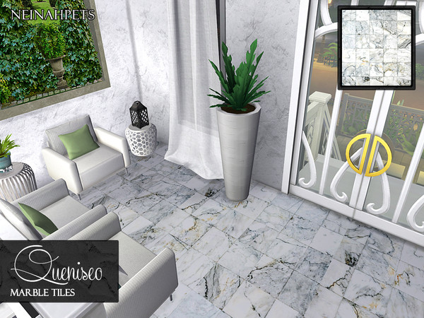 Sims 4 — Queniseo Marble Tile Flooring by neinahpets — Beautiful black and white marble flooring with golden accents.
