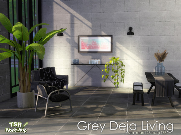 Sims 4 — (REQUIRES MESH) Deja Grey Living Room by sim_man123 — A sedate collection of various black, white, and grey