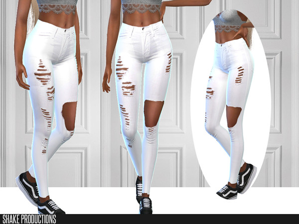 Sims 4 — ShakeProductions 294-1 White Jeans by ShakeProductions — White Ripped High Waisted Jeans Single Color