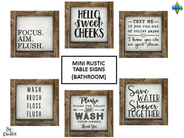 Sims 4 — Mini Rustic Table Signs - Bathroom by Chicklet — Miniature signs are perfect to clutter up those shelves or