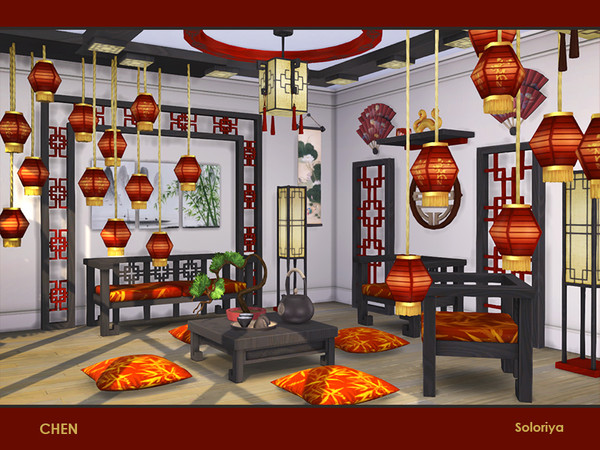 Sims 4 — Chen by soloriya — A set of furniture for asian interiors. Includes 13 objects, has 2 color palettes. Items in