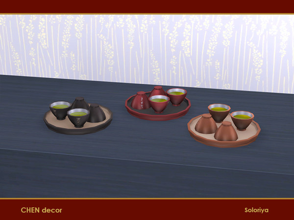 Sims 4 — Chen Decor. Cups by soloriya — Tea cups on a tray in one mesh. Part of Chen Decor set. 3 color variations.