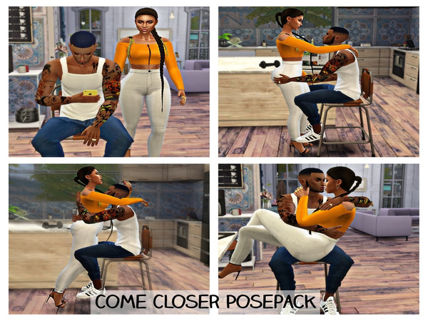 Sims 4 — Come Closer Posepack by ettathesimmer — This is a posepack that includes (4) couple poses. Stool is needed.