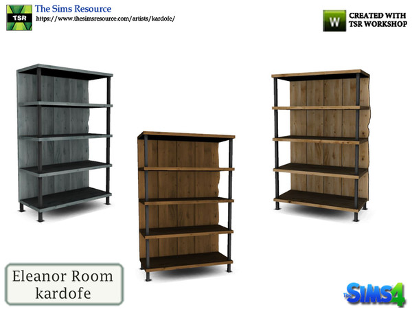 Sims 4 — kardofe_Eleanor Room_Shelving by kardofe — Shelving of tree trunks and metal boards, in three different color
