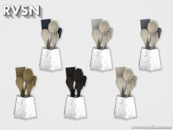 Sims 4 — Let's Spoon Utensil Set by RAVASHEEN — This cute utensil holder has a patterned, ceramic base and comes complete