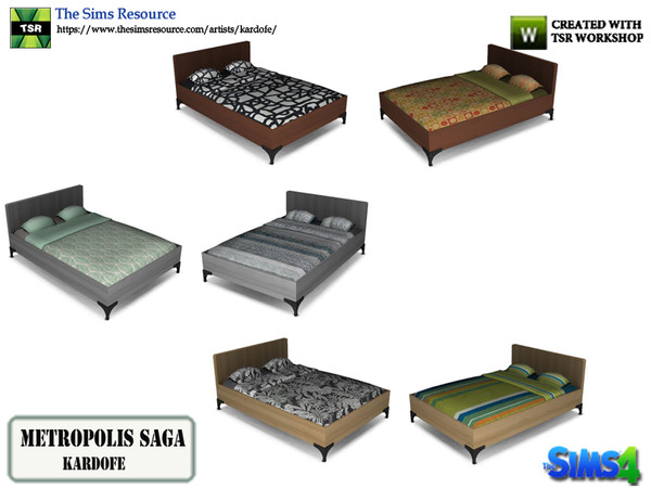 Sims 4 — kardofe_Metropolis Saga_Bed by kardofe — Wooden bed with metal legs, industrial style, in six color options 