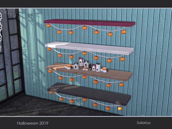 Sims 4 — Halloween 2019. Shelf with Pumpkins by soloriya — Wooden functional shelf with pumpkins. Has slots for all sizes