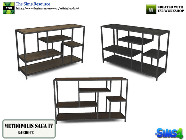 Sims 4 — kardofe_Metropolis Saga_Shelving by kardofe — Shelving with asymmetric shelves, industrial style in wood and