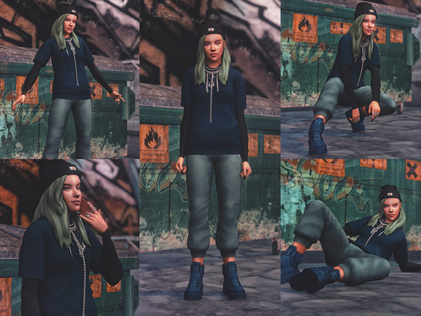 Sims 4 — Billie Eilish Pose Pack CAS by KatVerseCC — Poses inspired by the very talented singer-songwriter Billie Eilish.