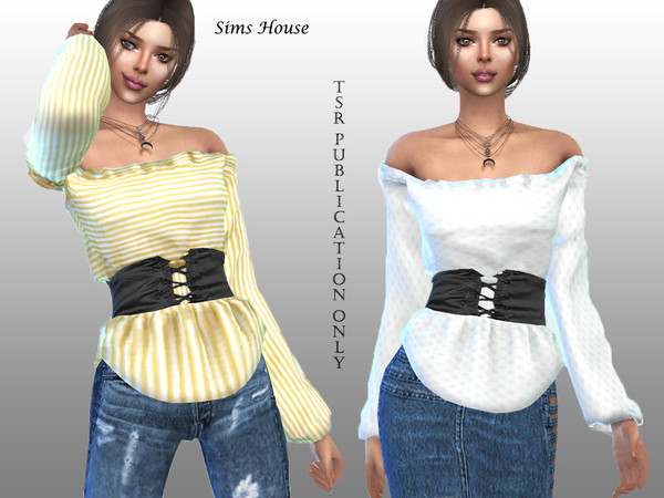 Sims 4 — Off Shoulder Corset Blouse by Sims_House — Off Shoulder Corset Blouse 12 color options.