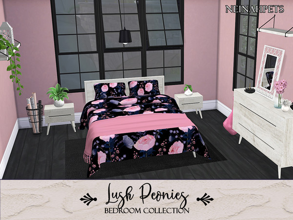 Sims 4 — Lush Peonies Bedroom Collection by neinahpets — A trendy bedroom in pink, black and purple. Recolor by