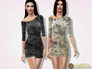 Sims 3 — Asymmetric Neck Camouflage Dress by Harmonia — 3 color. recolorable Please do not use my textures. Please do not