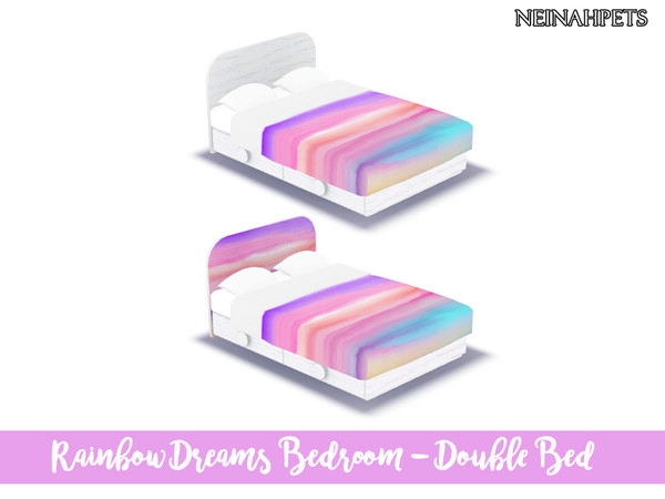 Sims 4 — Rainbow Dreams Bedroom - Double  by neinahpets — A beautiful watercolor sunset rainbow bed with white wood, and