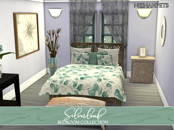 Sims 4 — Silverleaf Bedroom Collection by neinahpets — A beautiful watercolor nature bedroom set featuring: Double Bed