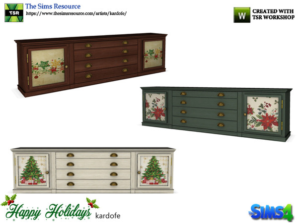 Sims 4 — kardofe_Happy Holidays_Sideboard by kardofe — Wooden sideboard with Christmas decoration on its doors, in three