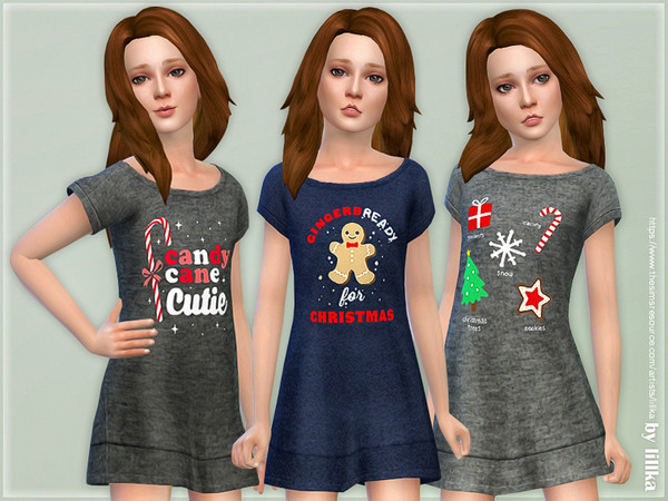 Sims 4 — Christmas Pyjama Dress [NEEDS GET TOGETHER] by lillka — Christmas Pyjama Dress for Girls 3 styles YOU NEED Get
