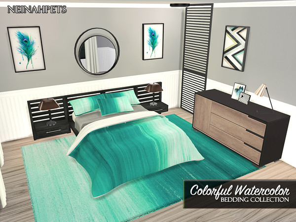 Sims 4 — Colorful Watercolor Bedding Collection {Mesh Required} by neinahpets — A set of watercolor gradient bedding and
