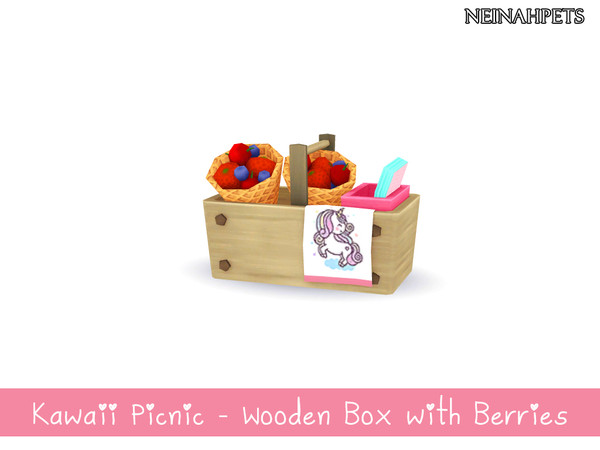 Sims 4 — Kawaii Picnic - Wooden Box with Berries {Mesh Required} by neinahpets — A wooden box with a unicorn hand towel